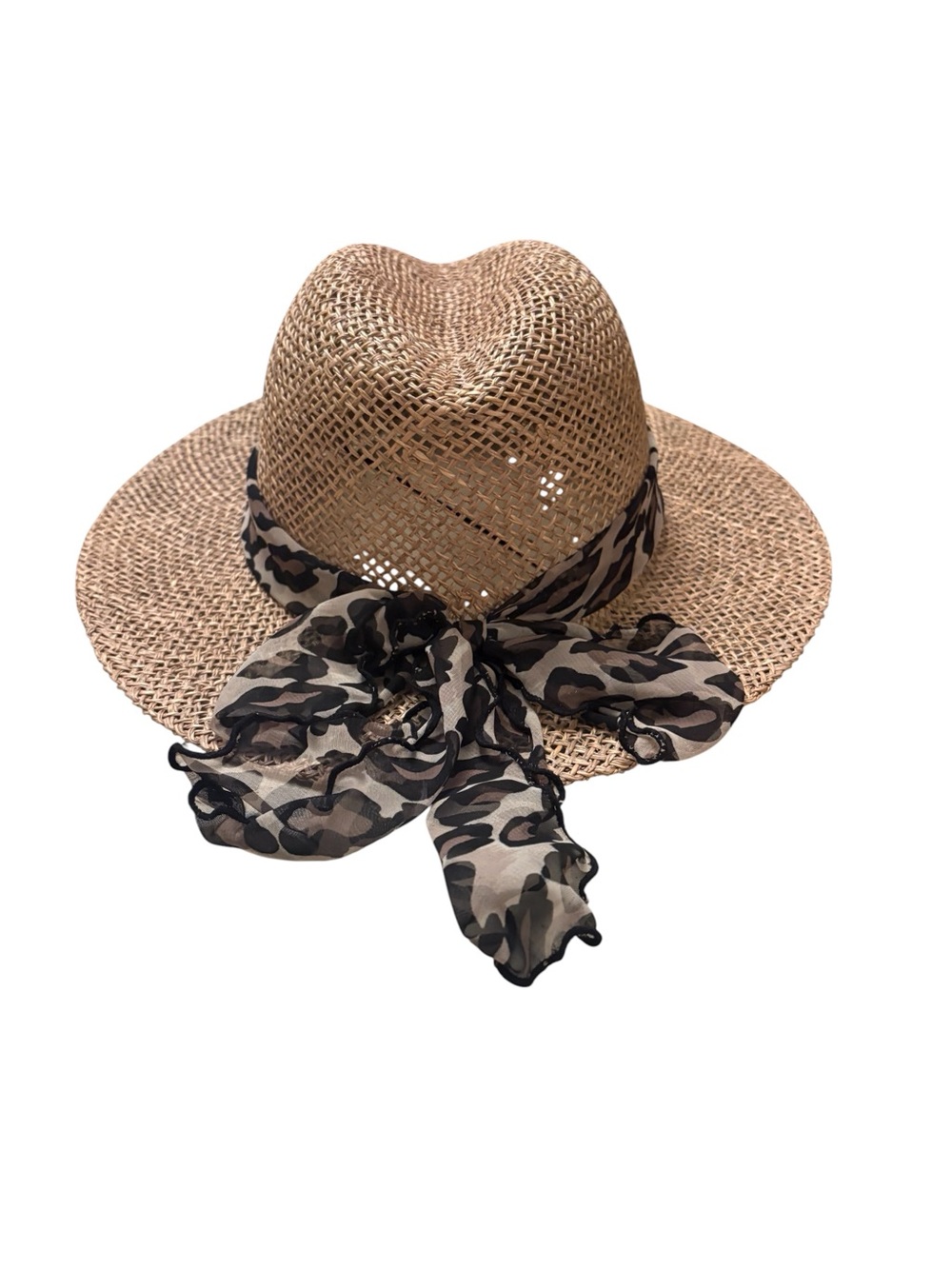 Woven Straw Fedora Hat with Leopard-Print Scarf - Natural
